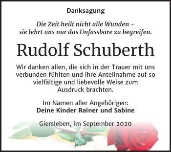 Traueranzeige von Rudolf Schuberth von Super Sonntag Aschersleben