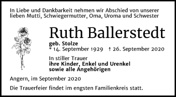 Traueranzeige von Ruth Ballerstedt von Super Sonntag Köthen