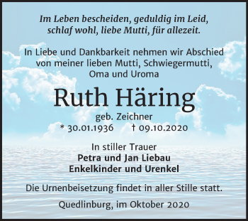 Traueranzeige von Ruth Häring von Mitteldeutsche Zeitung Quedlinburg