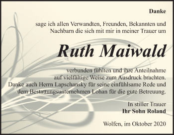 Traueranzeige von Ruth Maiwald von Mitteldeutsche Zeitung Bitterfeld