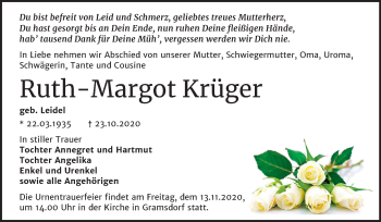 Traueranzeige von Ruth-Margot Krüger von Mitteldeutsche Zeitung Bernburg