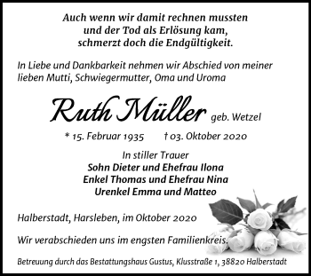 Traueranzeige von Ruth Müller von Wochenspiegel Mansfelder Land