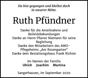 Traueranzeige von Ruth Pfündner von Super Sonntag Sangerhausen