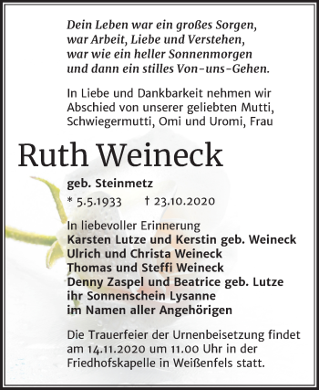 Traueranzeige von Ruth Weineck von Mitteldeutsche Zeitung Weißenfels