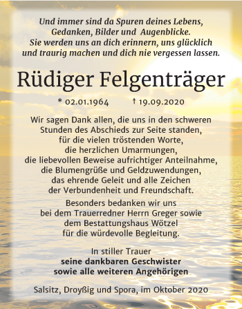 Traueranzeige von Rüdiger Felgenträger von Mitteldeutsche Zeitung Zeitz