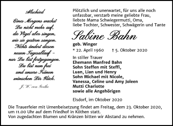 Traueranzeige von Sabine Bahn von Super Sonntag Köthen