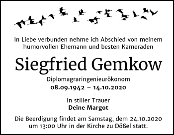 Traueranzeige von Siegfried Gemkow von Mitteldeutsche Zeitung Halle/Saalkreis