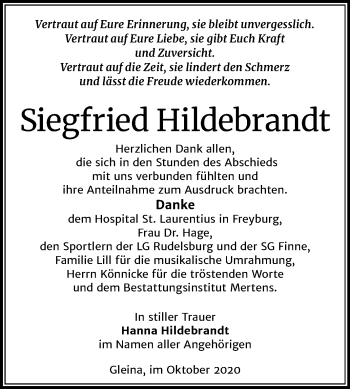 Traueranzeige von Siegfried Hildebrandt von Mitteldeutsche Zeitung Naumburg/Nebra