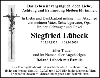 Traueranzeige von Siegfried Lübeck von Mitteldeutsche Zeitung Dessau-Roßlau