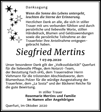 Traueranzeige von Siegfried Mertins von Super Sonntag Merseburg/Querfurt