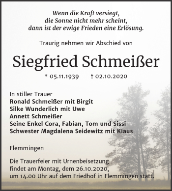 Traueranzeige von Siegfried Schmeißer von Wochenspiegel Naumburg/Nebra