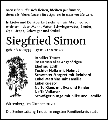 Traueranzeige von Siegfried Simon von Mitteldeutsche Zeitung Wittenberg