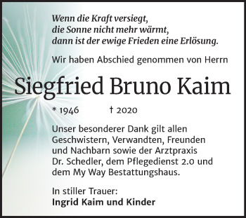 Traueranzeige von Siegfried Bruno Kaim von Mitteldeutsche Zeitung Weißenfels