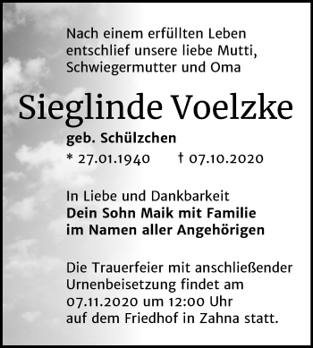 Traueranzeige von Sieglinde Voelzke von Super Sonntag Wittenberg