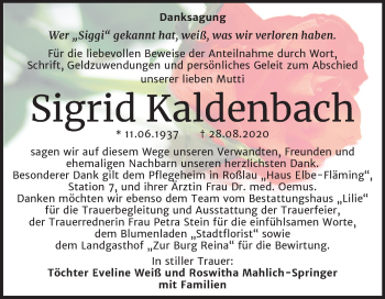Traueranzeige von Sigrid Kaldenbach von Mitteldeutsche Zeitung Dessau-Roßlau