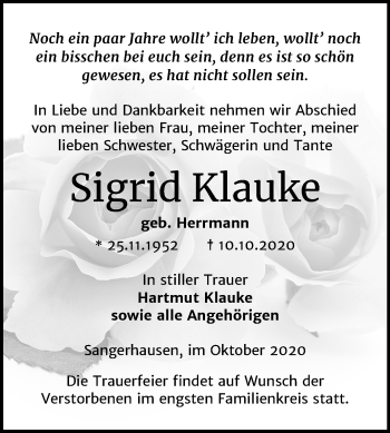 Traueranzeige von Sigrid Klauke von Mitteldeutsche Zeitung Sangerhausen