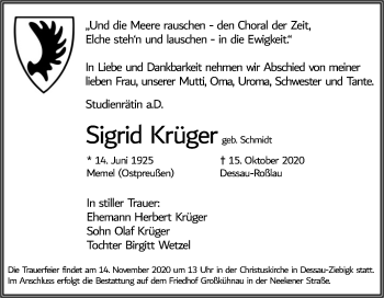 Traueranzeige von Sigrid Krüger von Super Sonntag Dessau-Roßlau