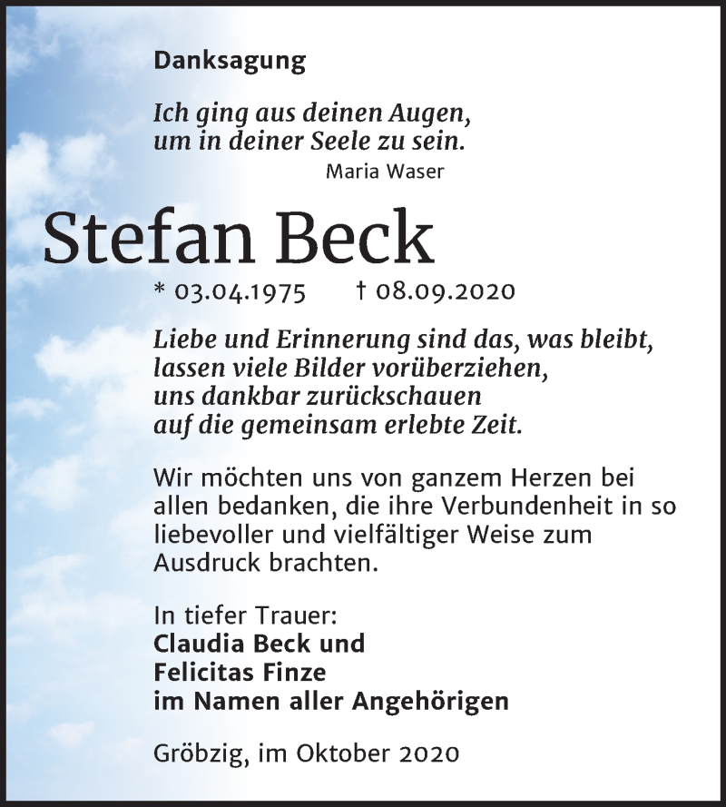  Traueranzeige für Stefan Beck vom 24.10.2020 aus Super Sonntag Köthen
