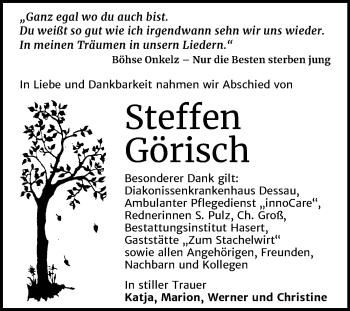 Traueranzeige von Steffen Görisch von Super Sonntag Wittenberg