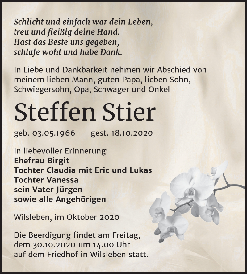  Traueranzeige für Steffen Stier vom 23.10.2020 aus Mitteldeutsche Zeitung Aschersleben