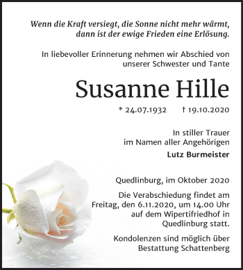 Traueranzeige von Susanne Hille von Mitteldeutsche Zeitung Quedlinburg