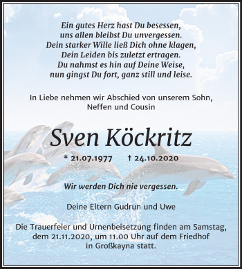 Traueranzeige von Sven Köckritz von Mitteldeutsche Zeitung Merseburg/Querfurt