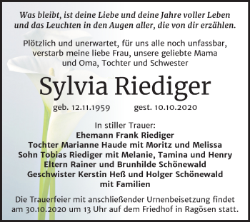 Traueranzeige von Sylvia Riediger von Super Sonntag Wittenberg