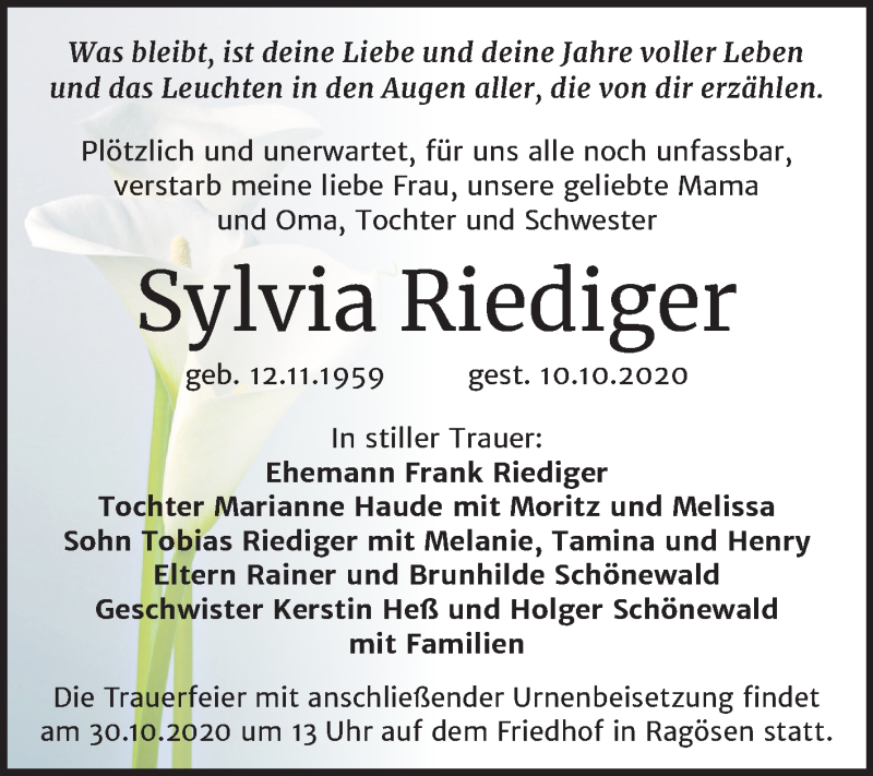  Traueranzeige für Sylvia Riediger vom 17.10.2020 aus Super Sonntag Wittenberg