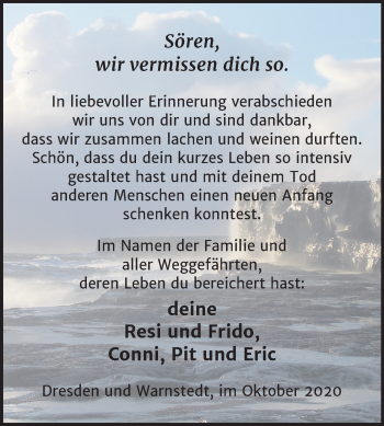 Traueranzeige von Sören  von Wochenspiegel Quedlinburg