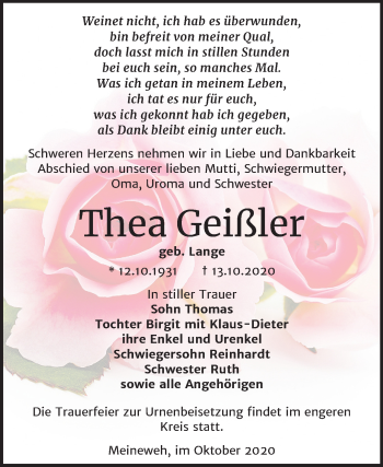 Traueranzeige von Thea Geißler von Super Sonntag Zeitz