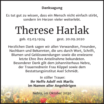 Traueranzeige von Therese Harlak von Wochenspiegel Naumburg/Nebra