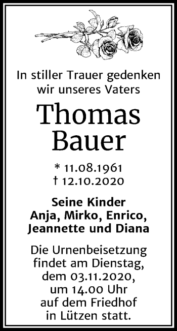 Traueranzeige von Thomas Bauer von Wochenspiegel Weißenfels