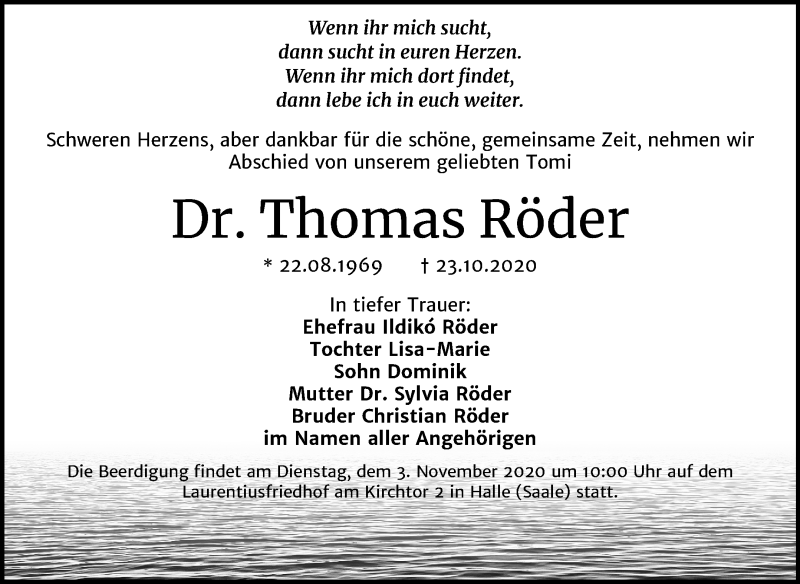  Traueranzeige für Thomas Röder vom 30.10.2020 aus Mitteldeutsche Zeitung Halle/Saalkreis