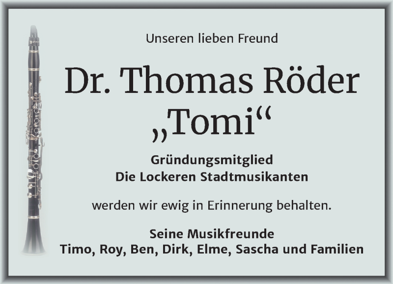  Traueranzeige für Thomas Röder vom 30.10.2020 aus Mitteldeutsche Zeitung Halle/Saalkreis