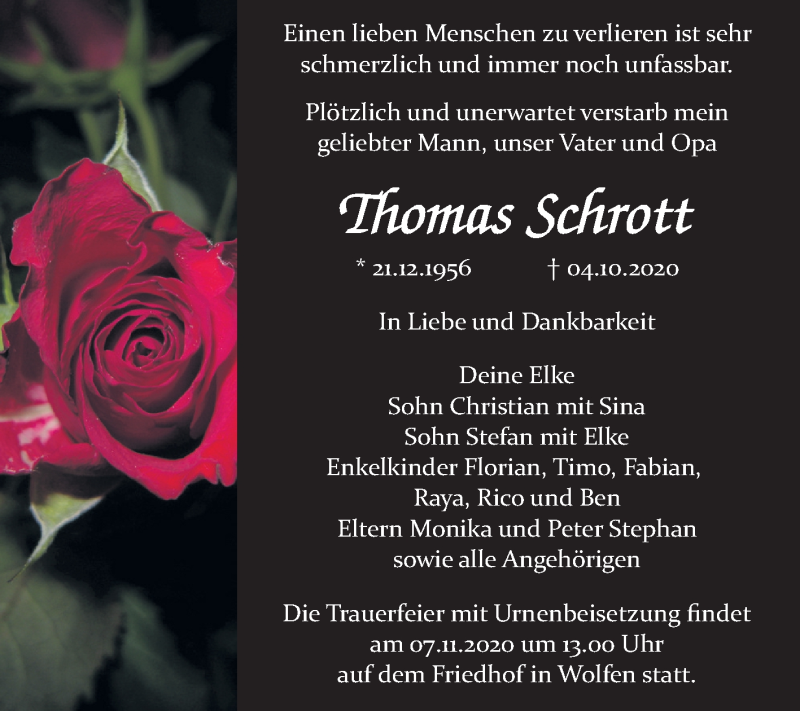  Traueranzeige für Thomas Schrott vom 10.10.2020 aus Mitteldeutsche Zeitung Bitterfeld