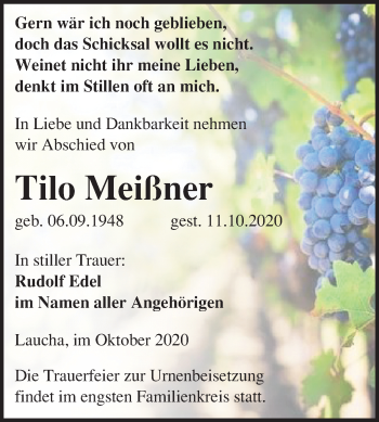 Traueranzeige von Tilo Meißner von Mitteldeutsche Zeitung Naumburg/Nebra