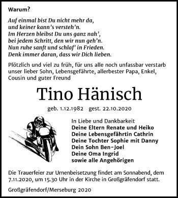 Traueranzeige von Tino Hänisch von Super Sonntag Merseburg/Querfurt