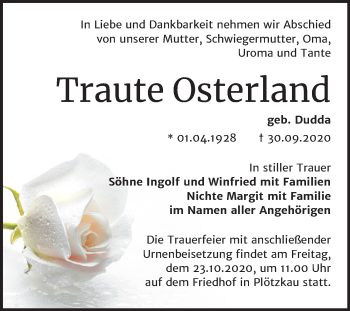 Traueranzeige von Traute Osterland von Super Sonntag Bernburg