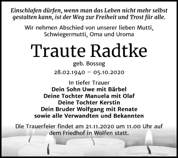 Traueranzeige von Traute Radtke von Wochenspiegel Bitterfeld