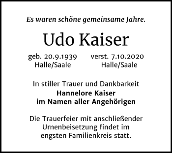 Traueranzeige von Udo Kaiser von Mitteldeutsche Zeitung Halle/Saalkreis