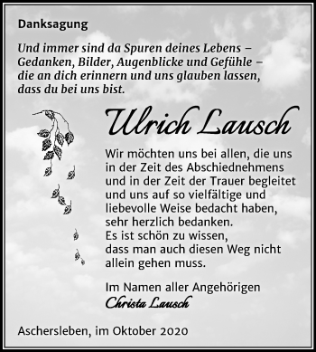Traueranzeige von Ulrich Lausch von Mitteldeutsche Zeitung Aschersleben