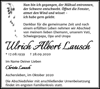 Traueranzeige von Ulrich Albert Lausch von Mitteldeutsche Zeitung Aschersleben