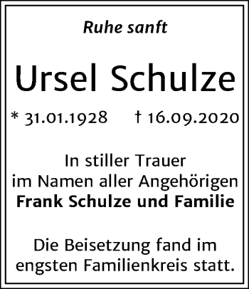 Traueranzeige von Ursel Schulze von Mitteldeutsche Zeitung Halle/Saalkreis