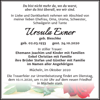 Traueranzeige von Ursula Exner von Mitteldeutsche Zeitung Merseburg/Querfurt