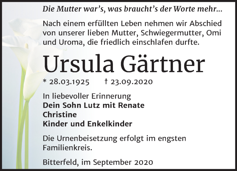 Traueranzeigen von Ursula Gärtner www.abschiednehmen.de