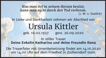 Traueranzeige von Ursula Kittler von Mitteldeutsche Zeitung Bitterfeld
