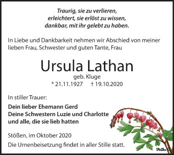 Traueranzeige von Ursula Lathan von Super Sonntag Zeitz