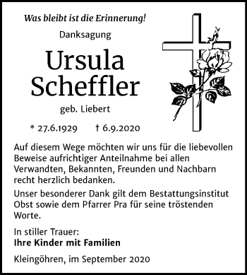 Traueranzeige von Ursula Scheffler von Wochenspiegel Weißenfels