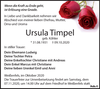 Traueranzeige von Ursula Timpel von Wochenspiegel Weißenfels
