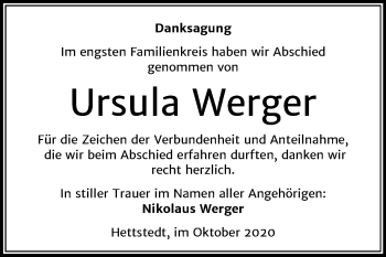 Traueranzeige von Ursula Werger von Mitteldeutsche Zeitung Mansfelder Land
